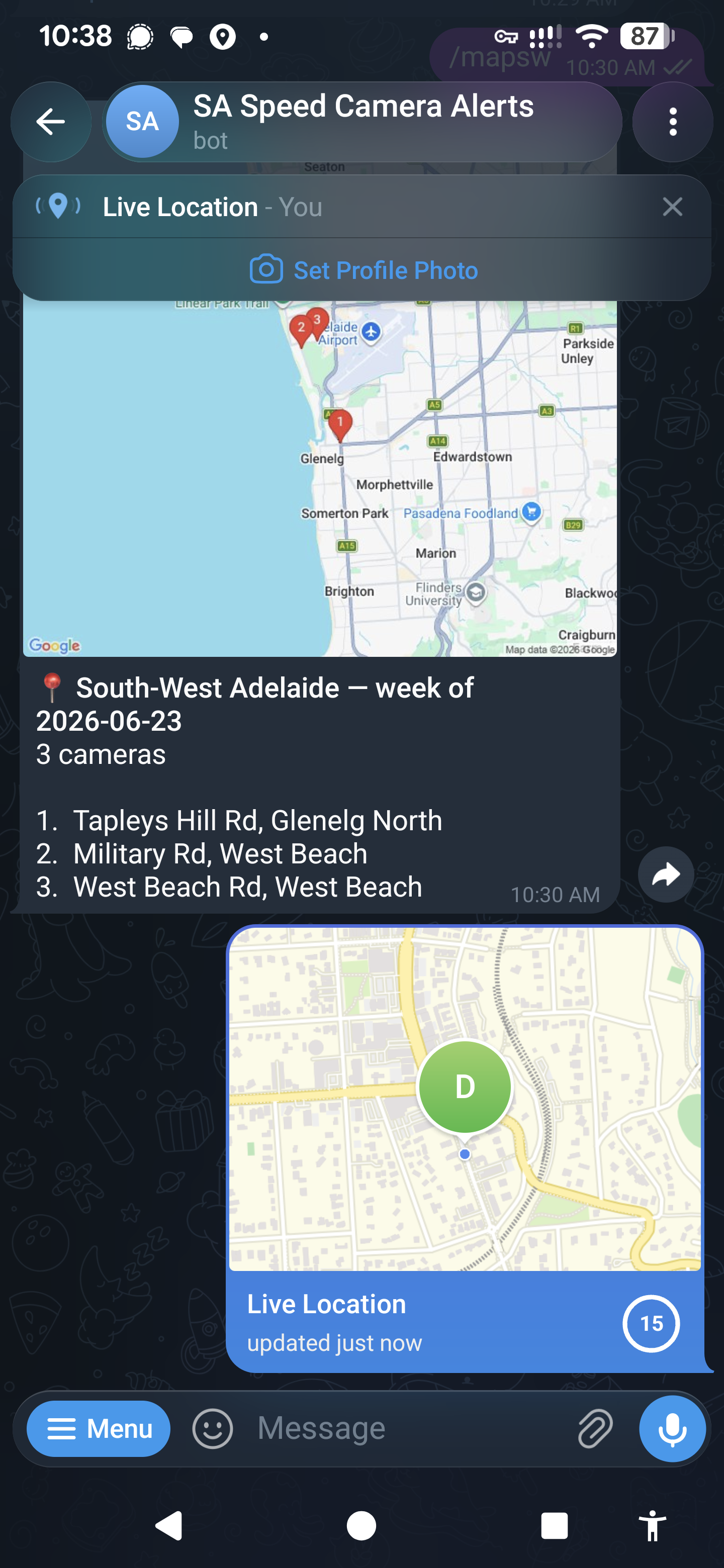 Active live location session alongside camera map