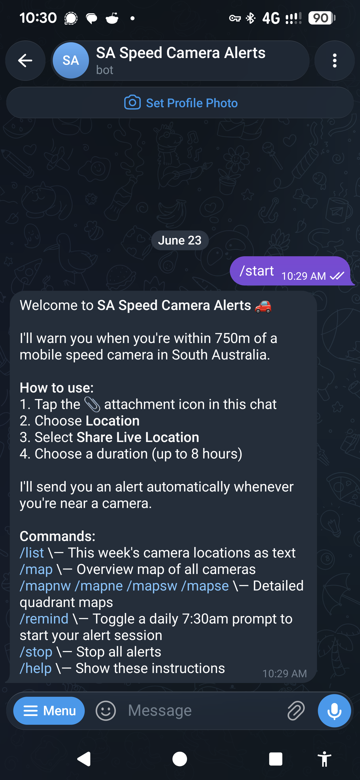 Bot welcome message showing all commands